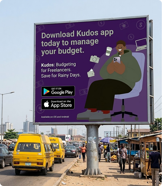 KUDOS social media billboard — 'Download Kudos app today to manage your budget' street billboard featuring Jamal relaxed in an armchair